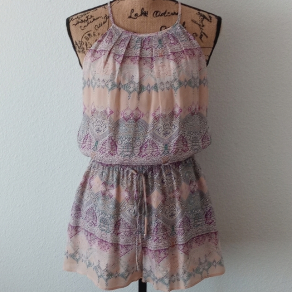 Lavender Brown Medallion Boho Romper Shorts Size S